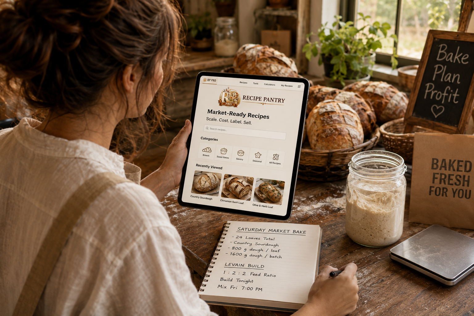 A baker using Recipe Pantry Pro while planning a market bake